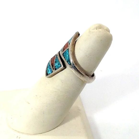 Sterling Silver Crushed Turquoise and Coral Inlay Split Shank Wrap Ring Sz 7 - Picture 2 of 4